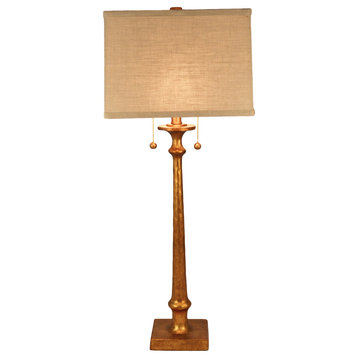 Bronson Resin Candlestick Table Lamp, Aged Gold With Square Shade and Twin Pulls