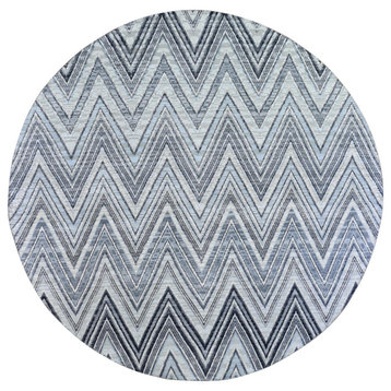 Gray Chevron Design Textured Wool and Pure Silk Handknotted Round Rug, 9'0"x9'0"