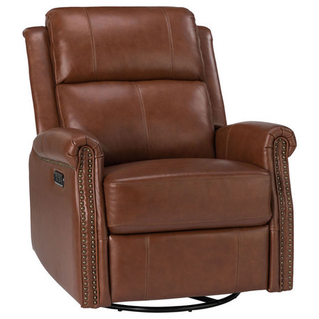 Kaietan Genuine Leather Power Rocking Recliner, Brown