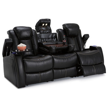 Seatcraft Omega Home Theater Seating Sofa Power Recline Powered Headrests, Black, Sofa With Fold-Down Table