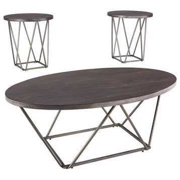 Set of 3 Coffee Table Set, Geometric Bridge Truss Base and Grayish Brown Top