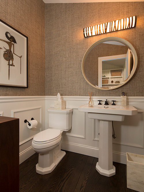 75 Most Popular Powder Room with Dark Hardwood Floors and Brown Walls