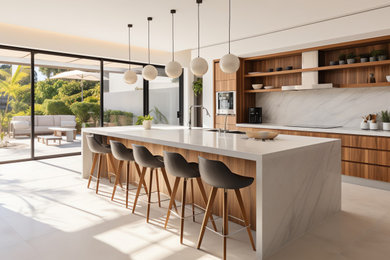 Example of a large 1960s galley porcelain tile and beige floor eat-in kitchen design in Miami with a double-bowl sink, flat-panel cabinets, medium tone wood cabinets, quartz countertops, white backsplash, quartz backsplash, stainless steel appliances, an island and white countertops