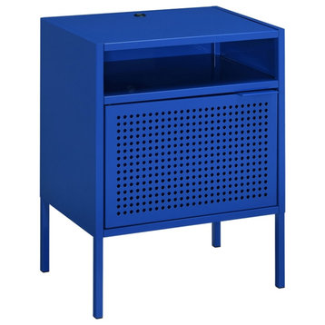 Bowery Hill Open Metal Shelf Nightstand with USB Port in Blue