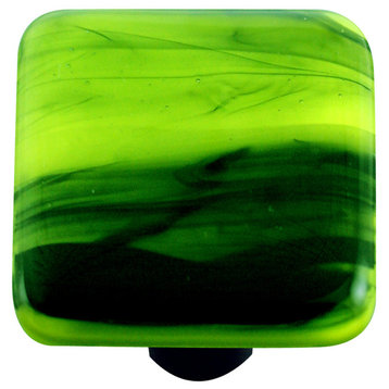 Art Glass Square Swirl Knob, Alum Post, Black Swirl Spring Green
