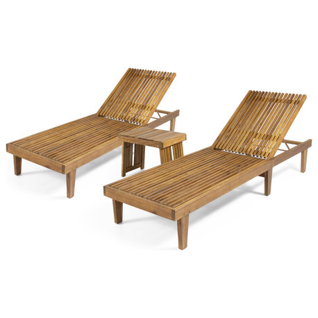 Kody Outdoor Acacia Wood 3 Piece Chaise Lounge Set, Teak Finish