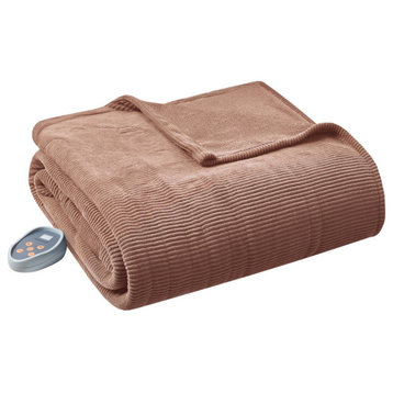 Knitted Micro Fleece Solid Textured Heated Blanket, Brown, Queen