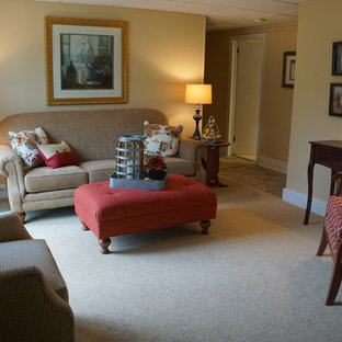 Design ideas for a medium sized country walk-out basement in Other with yellow walls, carpet, a standard fireplace, a plastered fireplace surround and beige floors.