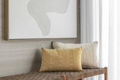 Mid-sized minimalist master dark wood floor and wallpaper bedroom photo in Austin