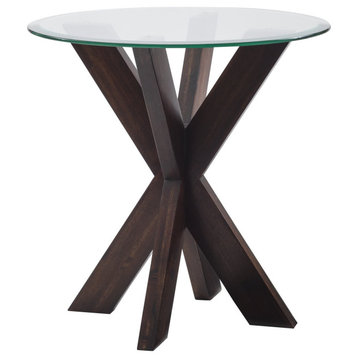 Contemporary Side Table, Crisscross Base & Beveled Glass Top, Java Dark Espresso