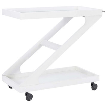 Linon Mare Wood Z Shaped Rolling Bar Cart with Glass Top in White
