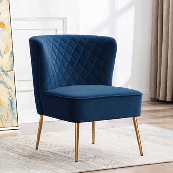 Diamond Stitched Bright Velvet Slipper Chair, Blue