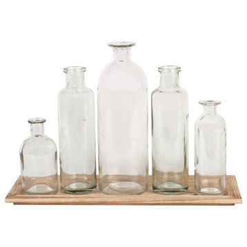 Vintage Bottle Vases on Wood Tray, 5-Piece Set