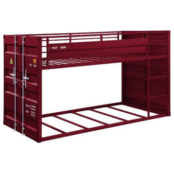Pemberly Row Cargo Twin Metal Bunk Bed with Ladder and Slat System in Red