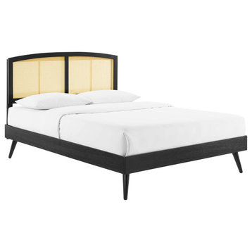 Cane Bed, Woven Rattan Bed, Art Moderne Curve Platform Bed, Black, Full