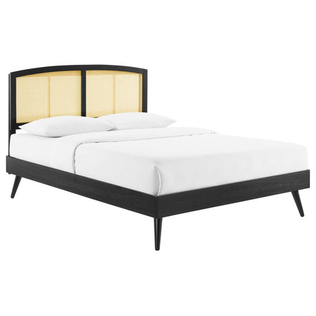 Cane Bed, Woven Rattan Bed, Art Moderne Curve Platform Bed, Black, Full