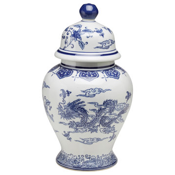 14" Blue and White Ginger Jar With Lid