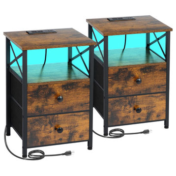 Set of 2 Nightstand, 2 Lower Storage Drawers With Charging Station, Rustic Brown