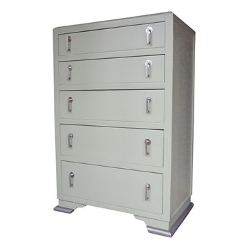 Art Deco bedroom furniture, 1930s chest of drawers, soft, pastel green and silve