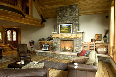 Living room - large rustic formal and open concept light wood floor living room idea in Orange County with gray walls, a standard fireplace, a stone fireplace and no tv