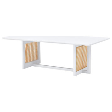 Unique Coffee Table, Trestle Base With Rattan Accents & Rectangular Top, White