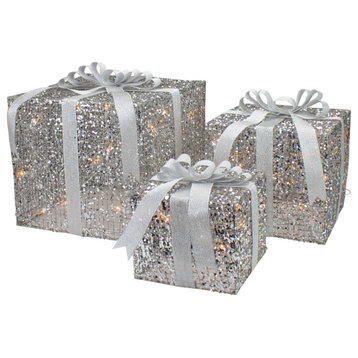 3-Piece LED Lighted Silver Glitter Threaded Gift Boxes Outdoor Christmas Decor