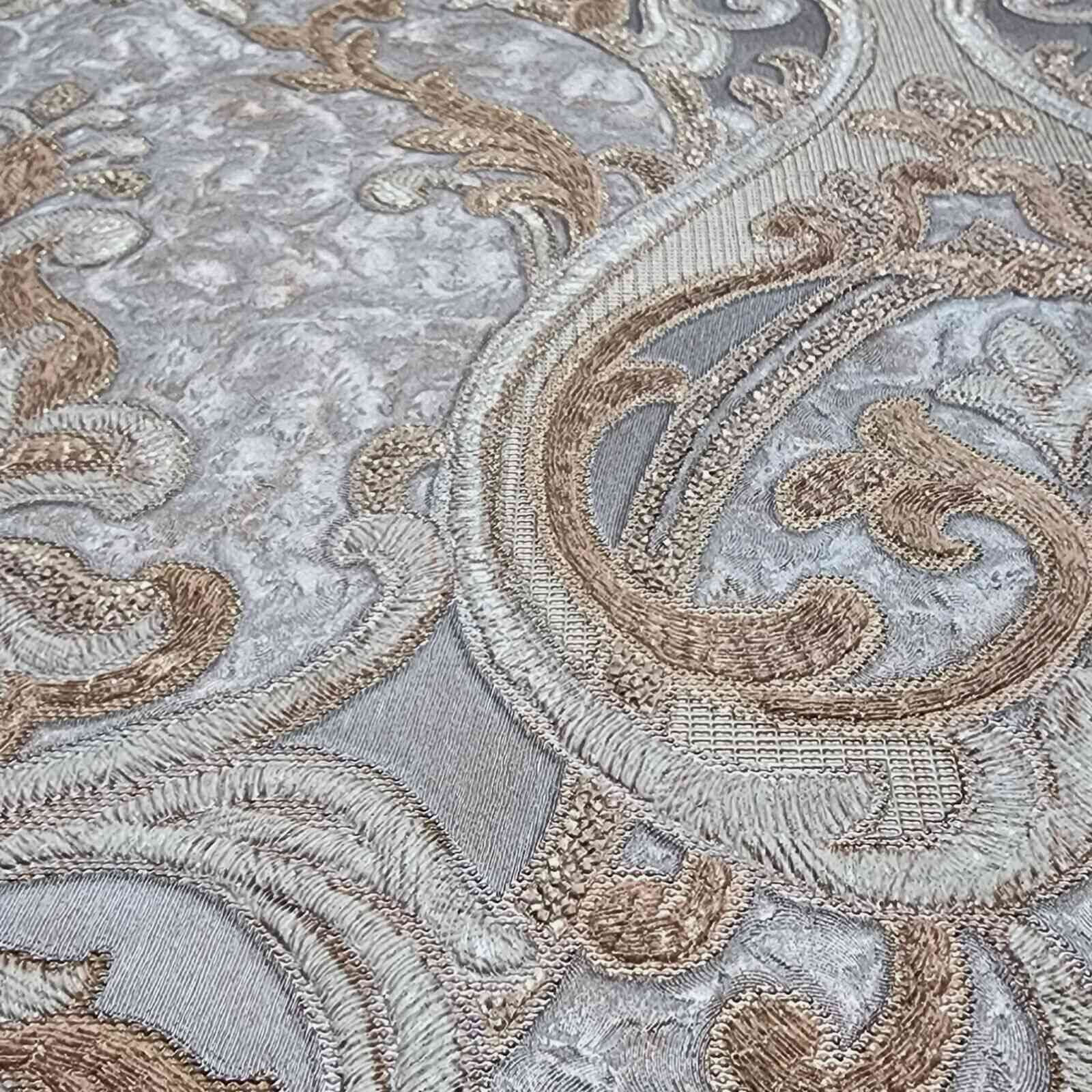 Victorian dark gray bronze gold metallic ogee damask textured Wallpaper ...