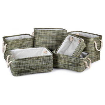 Paper Straw Rectangular Storage Baskets, Set of 6, 15.5 x 14 x 12 inches, Green