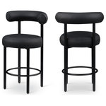 Meridian Furniture - Bordeaux Upholstered Stool, Black, Vegan Leather, Matte Black, Set of 2 - Home bar guests (or family and friends gathered round the kitchen counter) never want to leave when you seat them in this Bordeaux black vegan leather counter stool. Designed as an instant draw for the eye, this counter stool has a curvy back to provide support whether you're serving snacks or drinks. The upholstery is soft black vegan leather, so you have minimal worries about maintenance and upkeep. An iron metal frame with a black matte finish gives a contemporary look to this handsome stool.