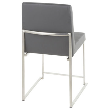 High Back Fuji Dining Chair, Set of 2, Brushed Stainless Steel, Gray PU