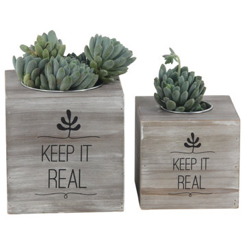 Set Of  2 Rustic 5 And 7" Wood And Iron Cube Planters