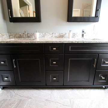 Cherry Onyx Vanity with Cambria Bellingham Countertops and Gray Tiled Shower