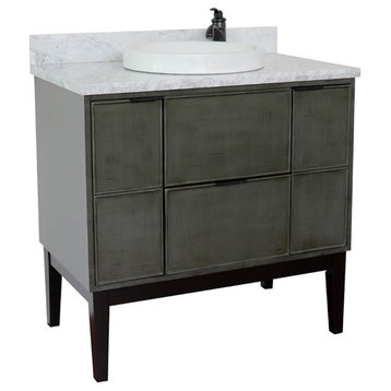 37" Single Vanity, Linen Gray Finish With White Carrara Top And Round Sink