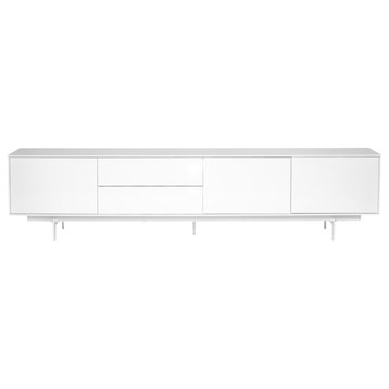 Birmingham 82" Media Stand, High Gloss White Lacquer With White Steel Base
