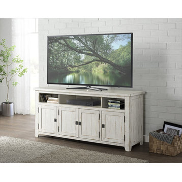 Rustic TV Stand, 3 Open Compartments and 3 Storage Cabinets, Antique White