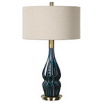 Uttermost - Uttermost Ceramic Lamp, Prussian Blue - Add transitional style to your space with the Uttermost Ceramic Lamp. This piece features a Prussian blue glaze with brushed antique brass details. The round shade is made of oatmeal linen fabric. Features: