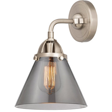 Nouveau 2 Large Cone 1 Light Wall Sconce, Brushed Satin Nickel, Plated Smoke