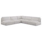 Meridian Furniture - Ease Fabric Upholstered L-Shaped Modular Sectional, Cream, 5 Piece: 1 Corner, 4 Armless - Ease into comfort when you bring home this Ease fabric modular sofa. Designed with an uber casual vibe in mind, this plump sofa sits low to the floor, making it a simplistically perfect addition to a living room, den, game room, teen's room, or dorm room. This fun sofa is part of a modular collection, so you can add it with other items in the Ease collection for a custom arrangement.