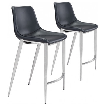 Set of Two Black Faux Leather and Steel Modern Stitch Bucket Counter Chairs