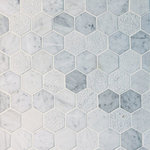 GL Stone Tile - Bianco Carrara Multi Surface Hexagon Mosaic - This Bianco Carrara Marble Hexagon Mosaic features a perfect mix of Honed,Bush Hammered And Linear Textures, creating an array of patterns all from the same stone type and shape. Each chip is approximately 2.75" in size and the overall tile is 13" x 10.75". Sold in boxes of 5 tiles, approx 4.85 sq. ft. per box.