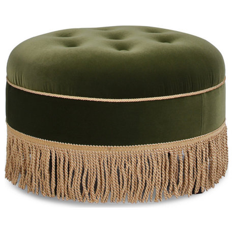 Yolanda 24" Upholstered Round Accent Ottoman, Olive Green Performance Velvet