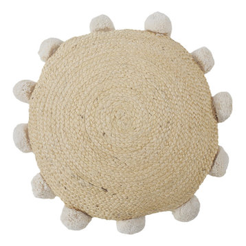 Natural Jute Throw Pillow with Pom Poms Border, Round