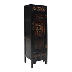 Chinese Fujian Black Brown Golden Graphic Armoire Storage Cabinet - Accent Chests And Cabinets