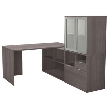 I3 Plus L-Desk With Frosted Glass Door Hutch, Bark Gray