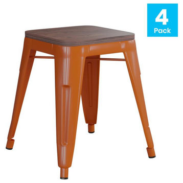 Kai Commercial Grade 18" Barstool with Wooden Seat, Stackable, Set of 4, Orange