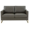 LeisureMod Lincoln Modern Leather Loveseat With Gold Frame, Gray