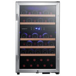EdgeStar - EdgeStar CWF380DZ 20"W 38 Bottle Capacity - Stainless Steel - Features: The elegant look of stainless steel trim, soft glow of LED lighting and slide-out wood-trimmed wire wine racks create a contemporary yet classical look that is sure to look great amongst any décor Two temperature zones let you chill reds and whites each at their own particular temperature setting The slide-out shelving can accommodate up to 38 standard size Bordeaux wine bottles The upper and lower zones can be controlled separately Both temperature zones have a range of 40 to 65°F providing maximum flexibility Fan-forced internal circulation prevents uneven temperature distribution as is often produced by plate-cooled units, ensuring all of your wine reaches your desired temperature and does so quickly Rest assured that your beverages are safe under lock and key with an integrated lock Choose a right- or left-swinging door, opening up more options for places where this can be installed Touch controls and an LED display make choosing the appropriate setting a breeze Free standing installation allows for easy install and placement selection Manufacturer Warranty: 90 Days Labor, 1 Year Parts Specifications: Width: 19-3/8" Height: 32-7/8" Depth: 23" (24-7/8" w/ handle) Installation Type: Free Standing Wine Bottle Capacity (750 ml): 38 Number of Cooling Zones: 2 Reversible Door: Yes Door Alarm: Yes Door Lock: Yes Shelf Material: Metal Shelves with Wood Trim Bulb Type: LED Number Of Shelves: 5 Leveling Legs: Yes With Casters: No Dimensional Drawing: