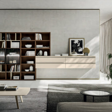 Modern living room with wood and beige entertainment center