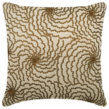 Sequins Embellished Gold Art Silk 26"x26" Pillow Cover, Effulgence
