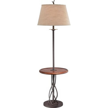 Rustic Floor Lamp, Twisted Iron Frame With Round Tray Shelf, Dark Rust/Walnut
